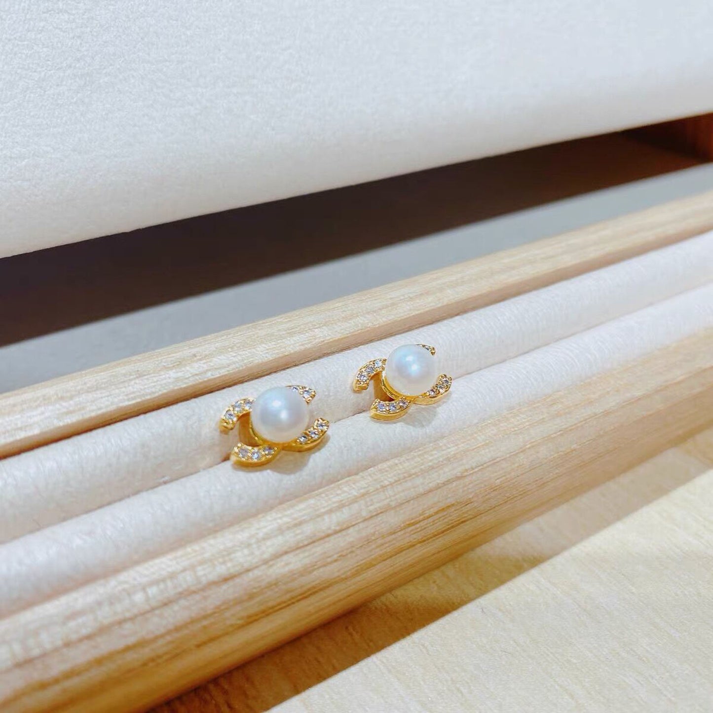 Natural Freshwater Pearl Stud Earrings,Double C Earrings, Crystal CC Earrings,Pearl wedding Earrings