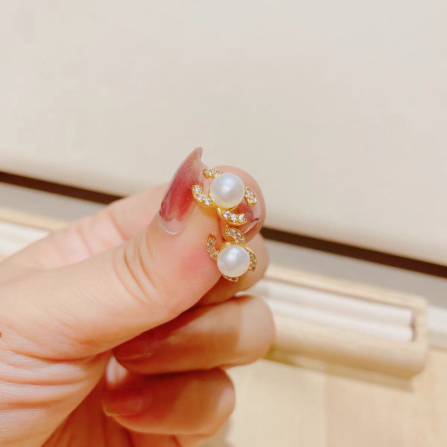 Natural Freshwater Pearl Stud Earrings,Double C Earrings, Crystal CC Earrings,Pearl wedding Earrings