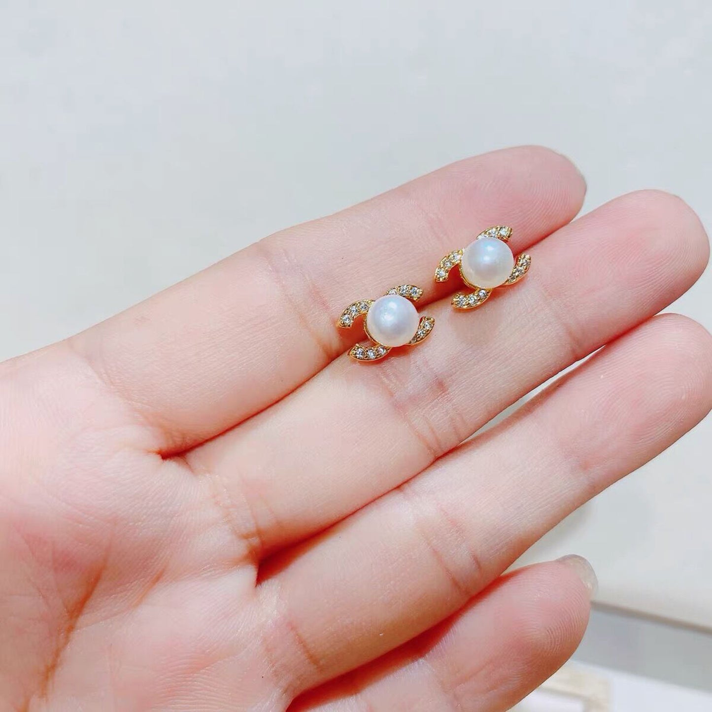 Natural Freshwater Pearl Stud Earrings,Double C Earrings, Crystal CC Earrings,Pearl wedding Earrings