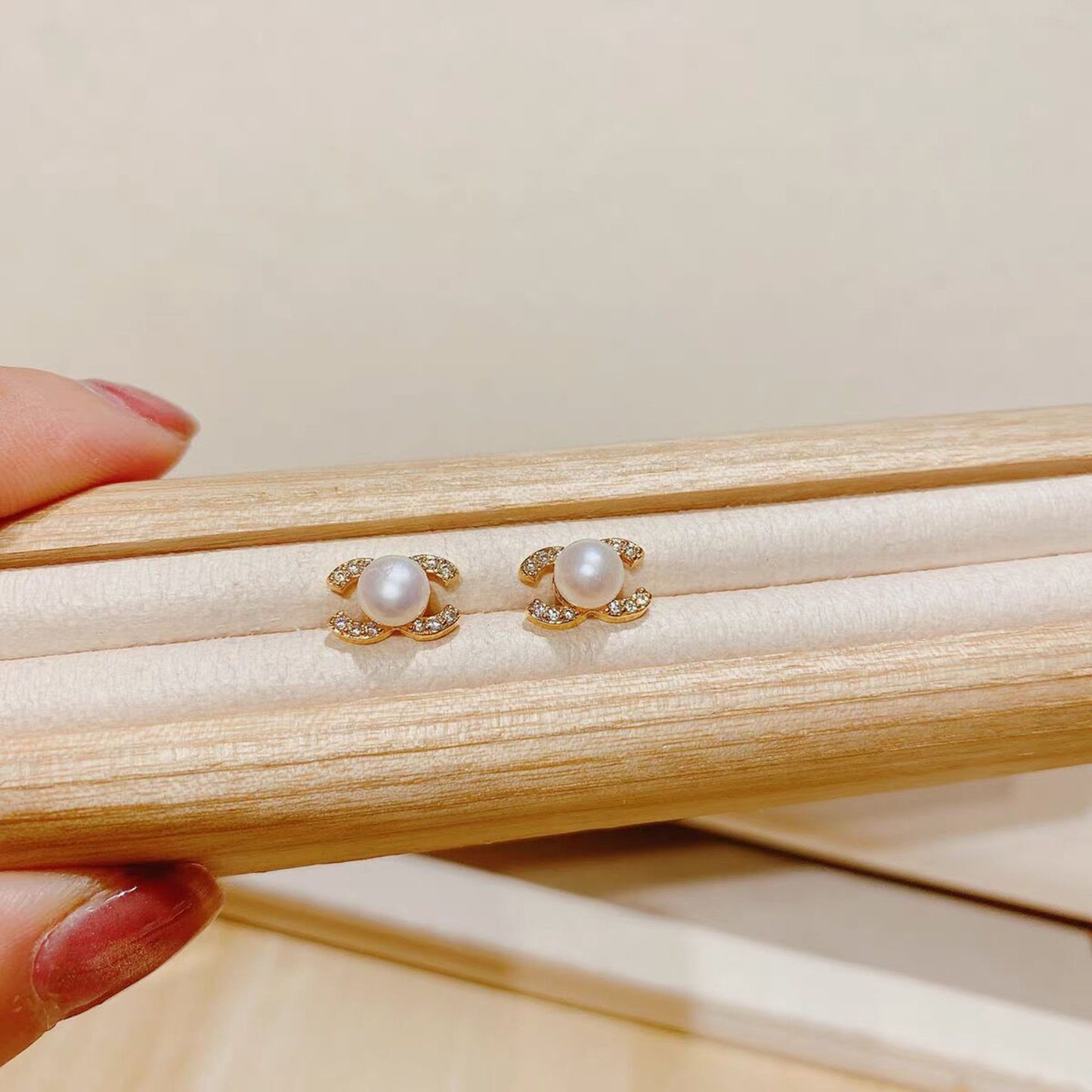 Natural Freshwater Pearl Stud Earrings,Double C Earrings, Crystal CC Earrings,Pearl wedding Earrings