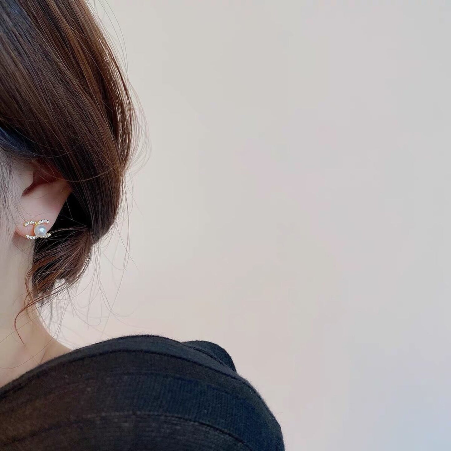 Natural Freshwater Pearl Stud Earrings,Double C Earrings, Crystal CC Earrings,Pearl wedding Earrings