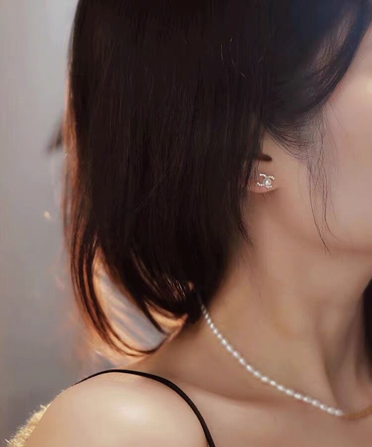 Natural Freshwater Pearl Stud Earrings,Double C Earrings, Crystal CC Earrings,Pearl wedding Earrings