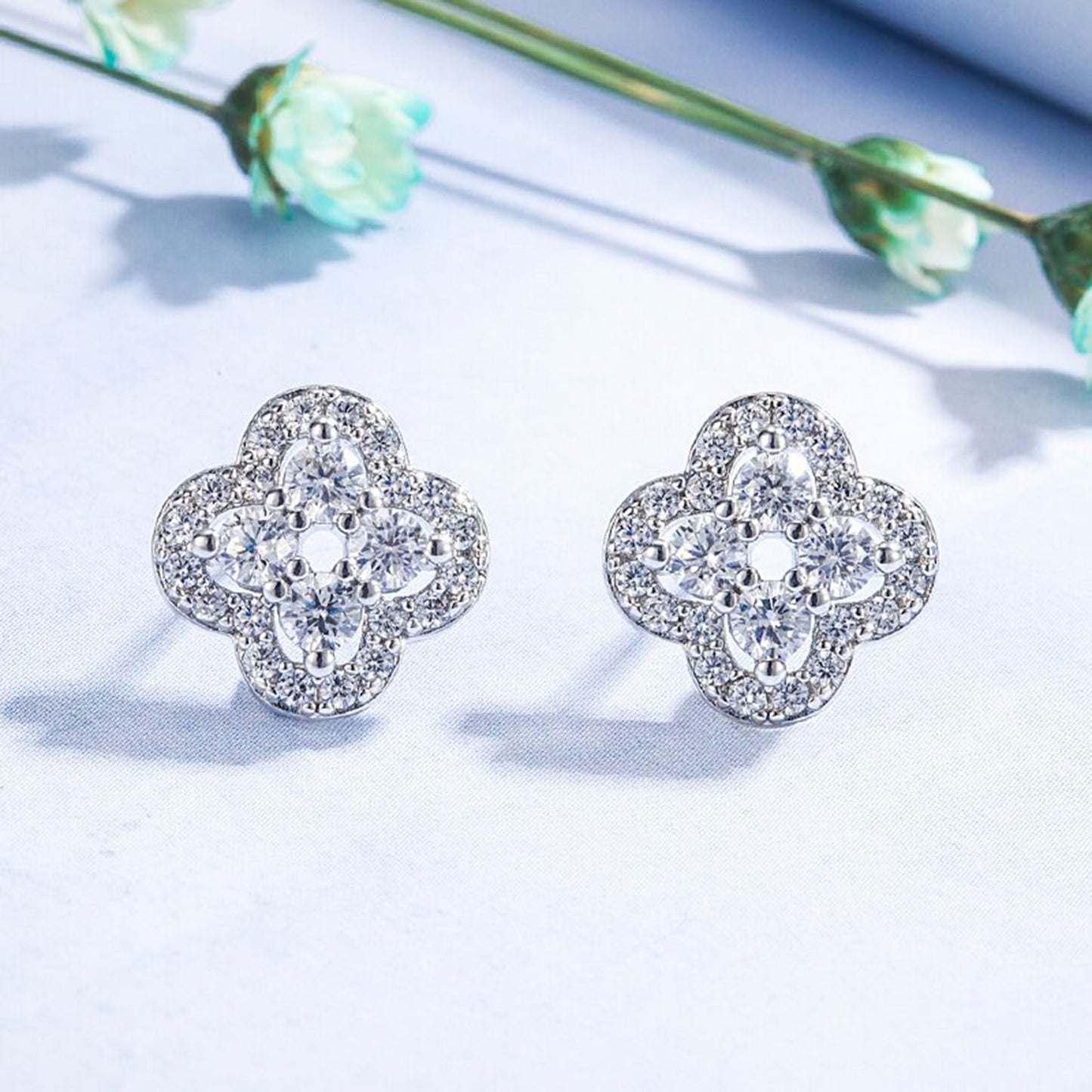 Platinum Crystal Clover Earrings