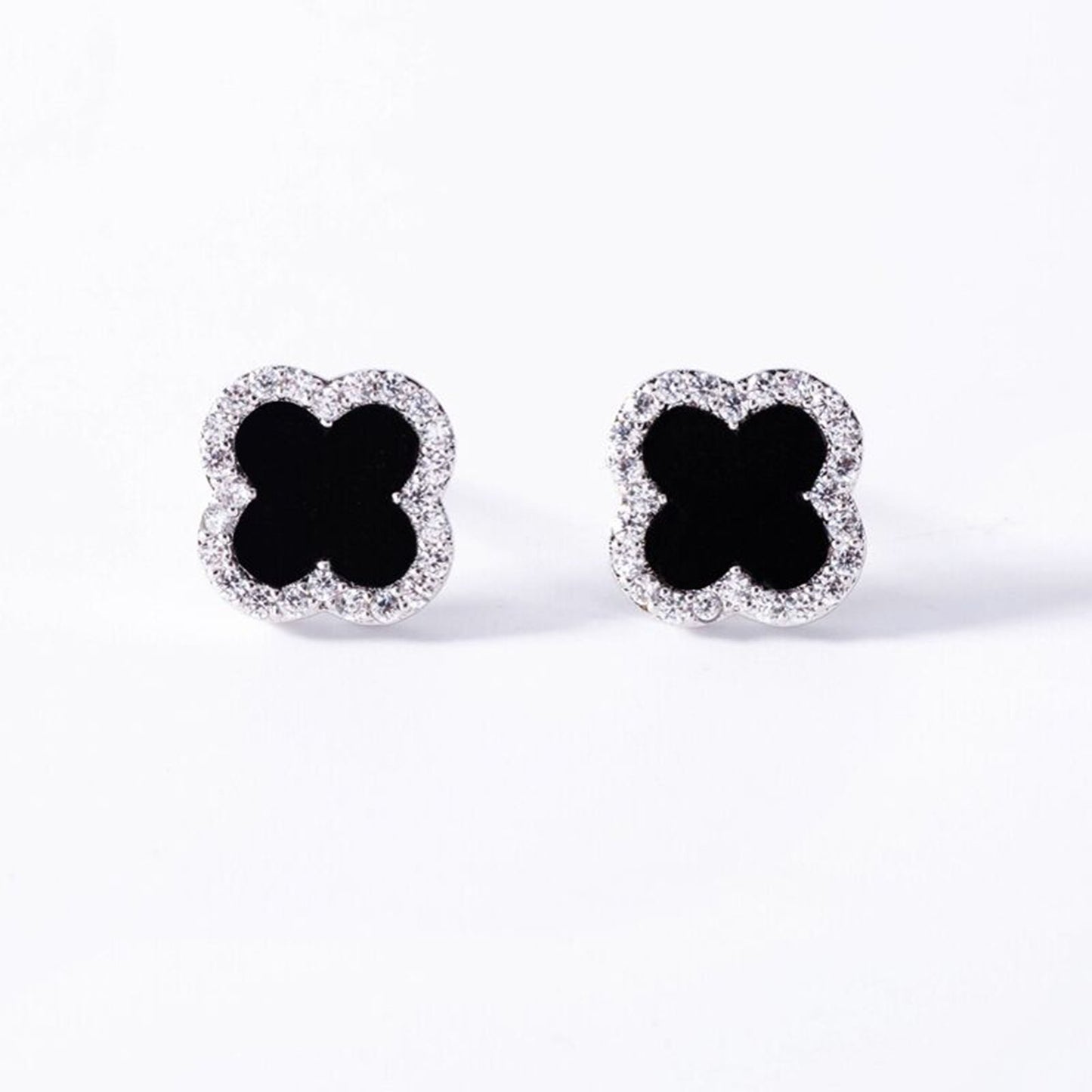 S925 Sterling Silver CZ Black Clover Earrings, Four Leaf Clover Stud Earrings