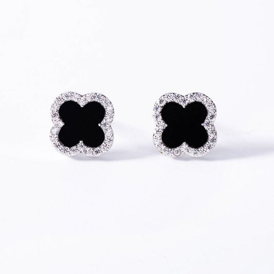 S925 Sterling Silver CZ Black Clover Earrings, Four Leaf Clover Stud Earrings